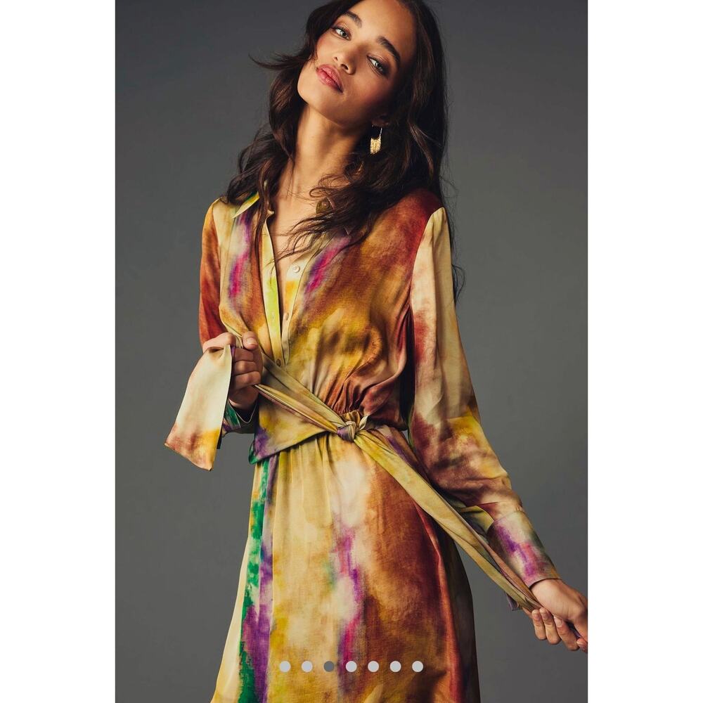NWT❤️Anthro By Anthropologie Long-Sleeve Tie-Front Midi Shirt Dress szS - Picture 3 of 12